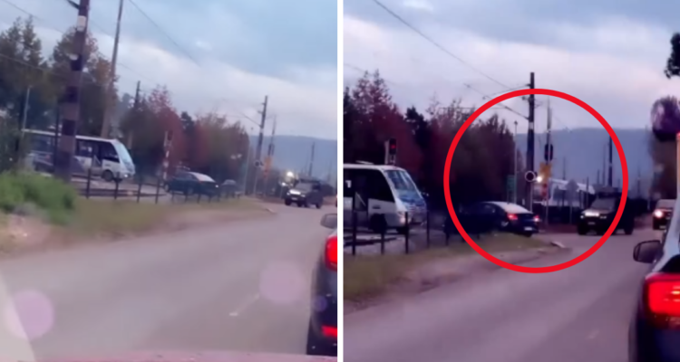 Captan irresponsable maniobra en cruce ferroviario: bus y auto se salvaron por segundos