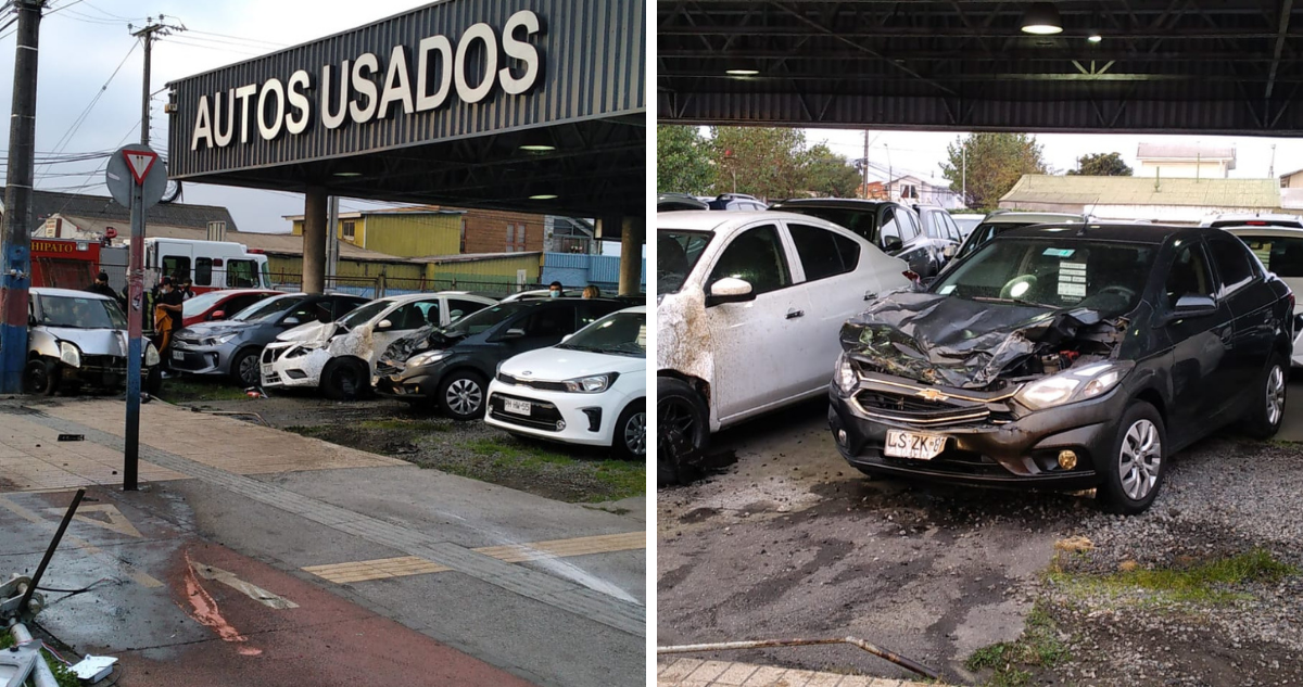 Chofer pierde el control y se estrella contra tres vehículos de una automotora en Talcahuano