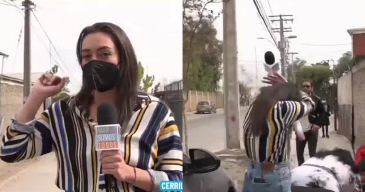 Clarisa Muñoz y su equipo en terreno de Aquí Somos Todos en el momento cuando es atacada.