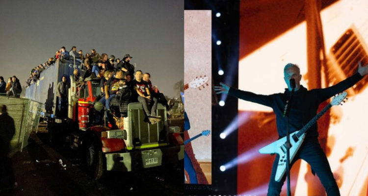 El camión lleno de fanáticos y el vocalista de Metallica en el concierto. Pese a la presentación, hubo muchos reclamos y denuncias