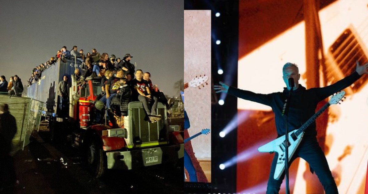 El camión lleno de fanáticos y el vocalista de Metallica en el concierto. Pese a la presentación, hubo muchos reclamos y denuncias