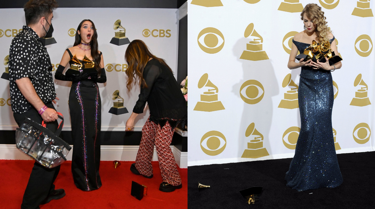 Olivia Rodrigo asombrada ante la caída de su premio Grammy. A su lado, Swift en los premios del 2010 donde acabó con uno de sus premios rotos.