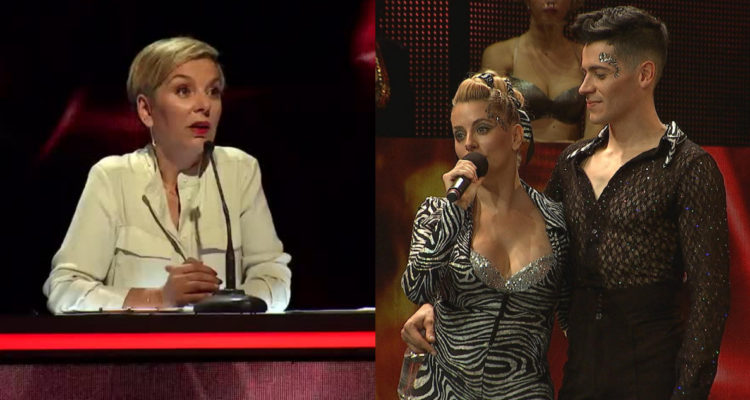 Francisca García Huidobro en la mesa del jurado hablando con Catalina Palacios en Aquí se Baila.