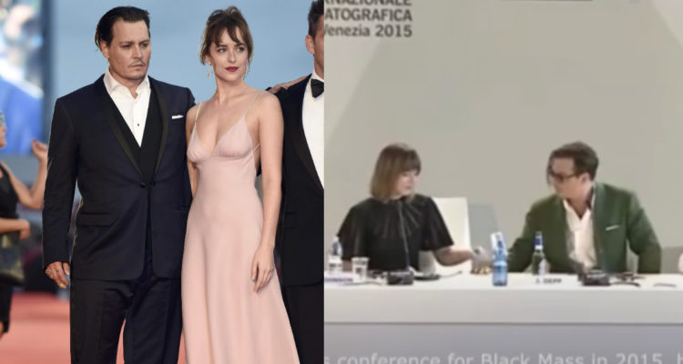 Dakota Johson y Johnny Depp en promoción de Black Mass en 2015