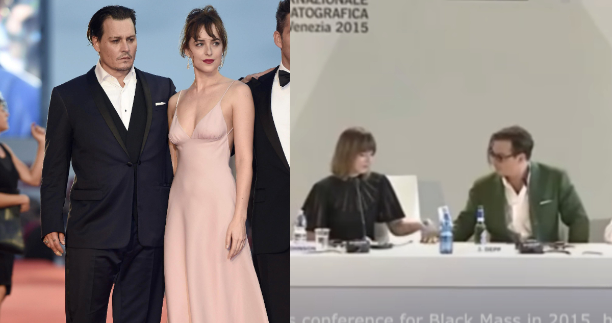Dakota Johson y Johnny Depp en promoción de Black Mass en 2015