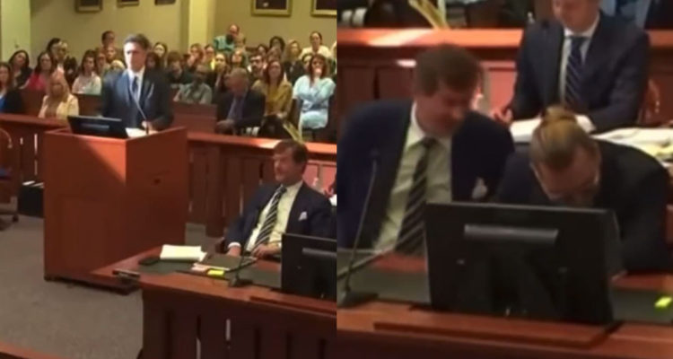 El actor Johnny Depp riendo luego de que el abogado se objetara a sí mismo en el juicio.