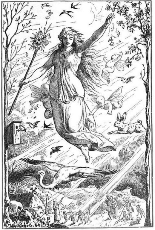 La diosa Ostara llegando a la tierra con liebres y aves a su alrededor.