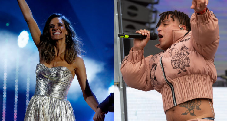 La animadora María Luisa Godoy en el Festival de Viña. A su lado, el cantante Pablo Chill-e en el festival Lollapalooza