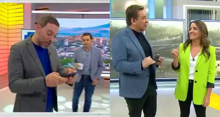 José Antonio Neme mirando su teléfono en Mucho Gusto. A su vez, Julio César Rodrñiguez hablando con Monserrat Álvarez en Contigo en la Mañana.