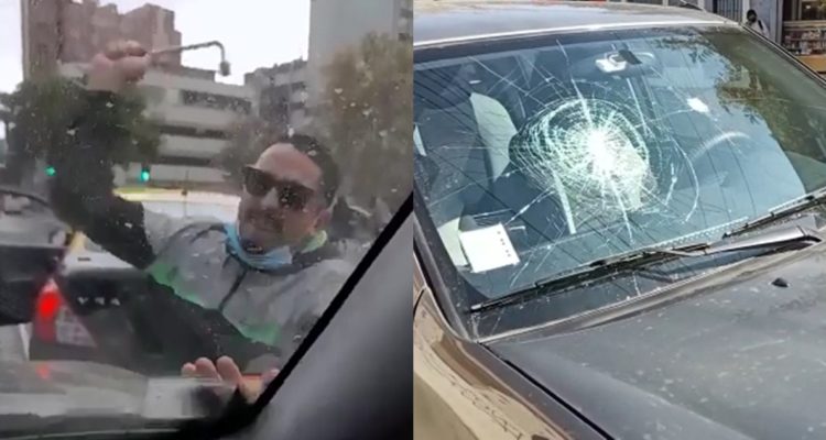 Graban a taxista rompiendo parabrisas tras colisión en Santiago: exigía pago inmediato de daños