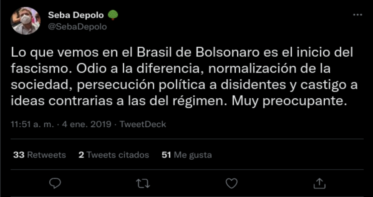 Tuits de Sebastián Depolo contra Jair Bolsonaro