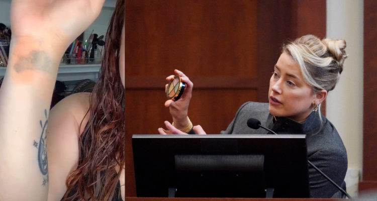 Amber Heard explicando el maquillaje que utilizaba para ocurltar moretones y a su lado, la prueba de una tiktoker sobre cómo es que su rutina no funcionaría.