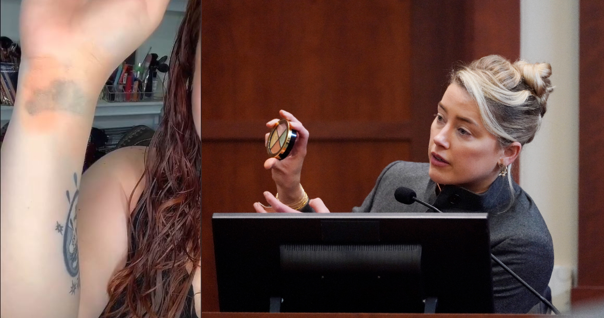 Amber Heard explicando el maquillaje que utilizaba para ocurltar moretones y a su lado, la prueba de una tiktoker sobre cómo es que su rutina no funcionaría.