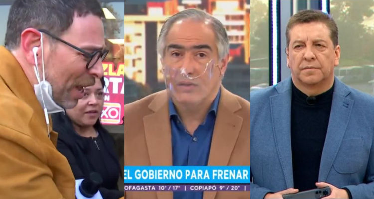José Antonio Neme y Julio César Rodríguez cubriendo la búsqueda del perro perdido. Al centro de ambas imágenes, Francisco Chahuán dando su opinión respecto a este tipo de cobertura.