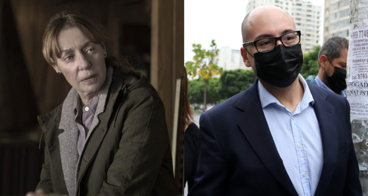 La actriz Claudia Di Girolamo en la ficción 42 días en la oscuridad. A su lado, Niolás López caminando al juicio en su contra.