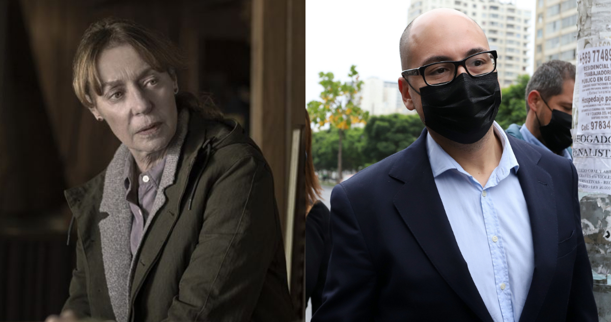 La actriz Claudia Di Girolamo en la ficción 42 días en la oscuridad. A su lado, Niolás López caminando al juicio en su contra.