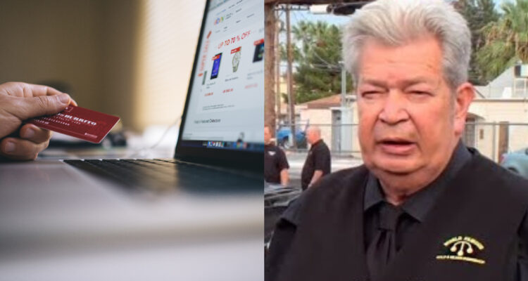 Una persona comprando por internet en las ofertas del Cyber Day. A su lado, un meme de la jornada.