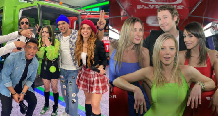 El periodista Juan Pablo Queraltó con el equipo de El Último Pasajero. A su lado, una foto de Martín Cárcamo con las llamadas azafatas de la versión anterior.