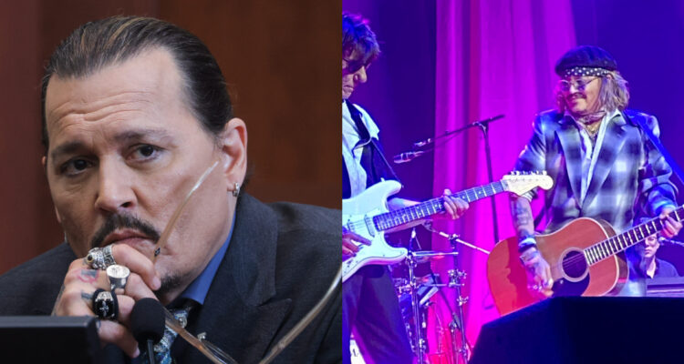 El actor Johnny Depp mirando seriamente al público durante el juicio. A su lado, una foto del fin de semana donde cantó junto a Jeff Beck.