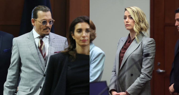 Johnny Depp ingresando al juicio en donde demandó a su exesposa. Amber Heard por su parte se ve de pie en el estrado momentos antes de declarar en la dispula legal. Se espera que este martes se llegue a un veredicto.