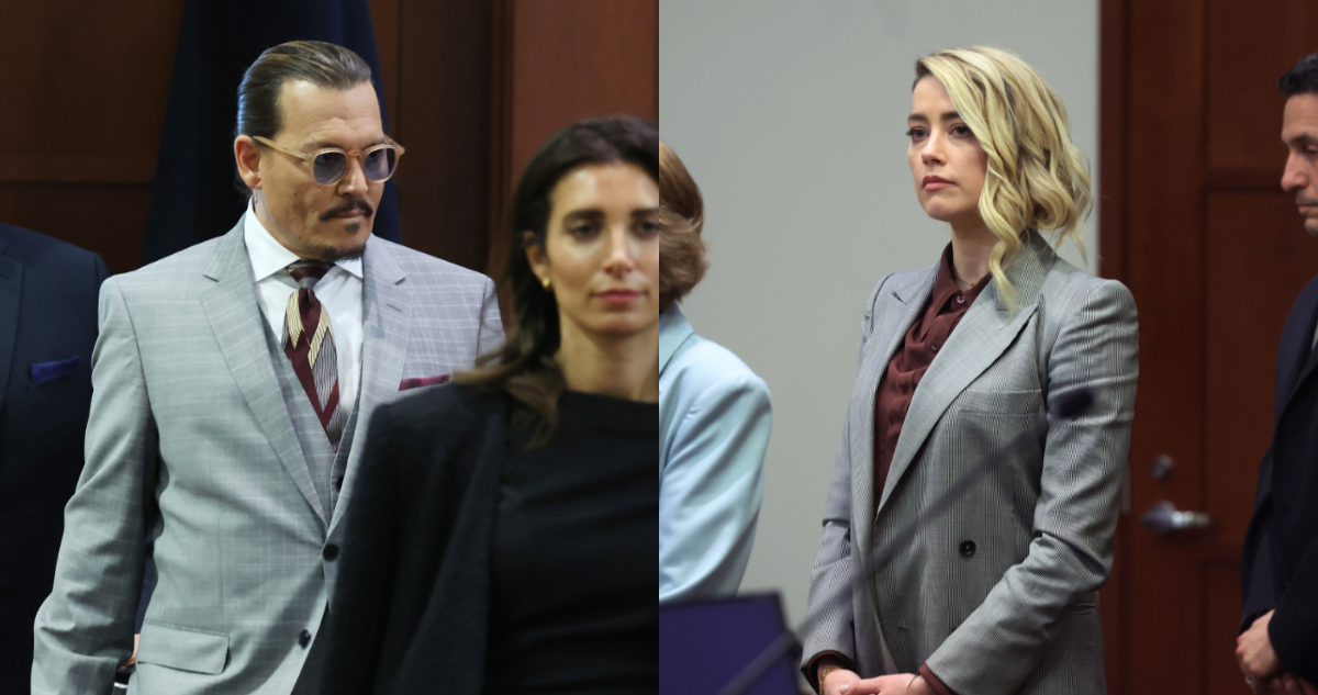 Johnny Depp ingresando al juicio en donde demandó a su exesposa. Amber Heard por su parte se ve de pie en el estrado momentos antes de declarar en la dispula legal. Se espera que este martes se llegue a un veredicto.