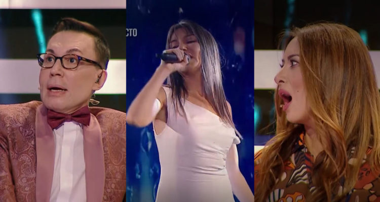 El conductor MArcelo Polino junto a la imitadora de Myriam Hernández y la misma cantante en El Retador. Mientras que la imitadora se ve cantando, Polino y Myriam se ven molestos.