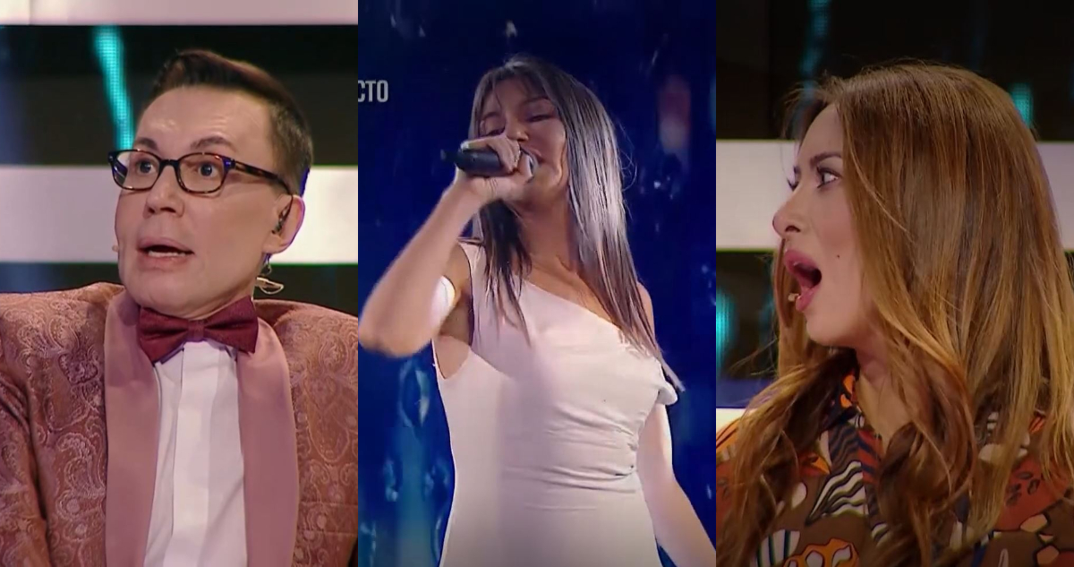 El conductor MArcelo Polino junto a la imitadora de Myriam Hernández y la misma cantante en El Retador. Mientras que la imitadora se ve cantando, Polino y Myriam se ven molestos.