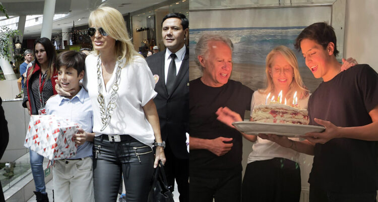 Cecilia Bolocco va abrazada a su hijo Máximo Menem, de menos de 10 años. A su lado, una fotografía actual de la familia.