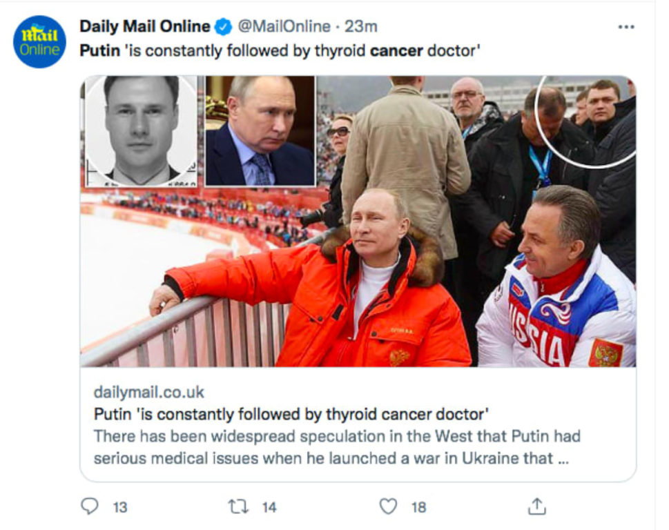 Medios como Daily Mail sostienen que Putin está acompañado por su médico oncólogo.