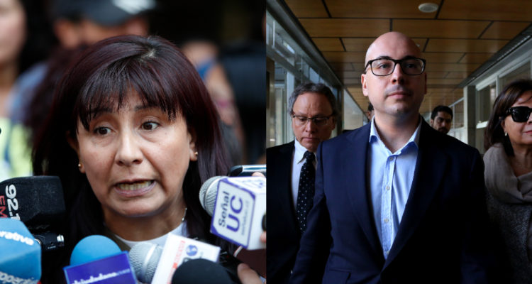 Roxana Miranda en un punto de prensa. A su lado, una foto de Nicolás López al ser formalizado.