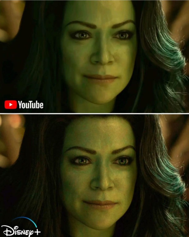 La comparación en la animación CGI de She Hulk en ambos trailers.
