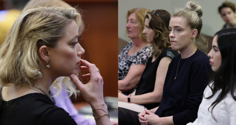 Amber Heard toma su boca seria mientras escucha el veredicto a favor de Johnny Depp. Whitney Henriquez, hermana de Heard, se ve sentada seria juno a otras mujeres.