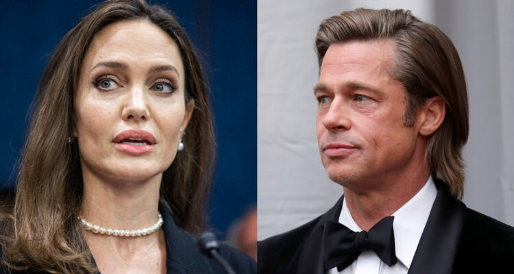 Brad Pitt mira serio hacia un costado. Asimismo, se ve una fotografía de Angelina Jolie dando un discurso.