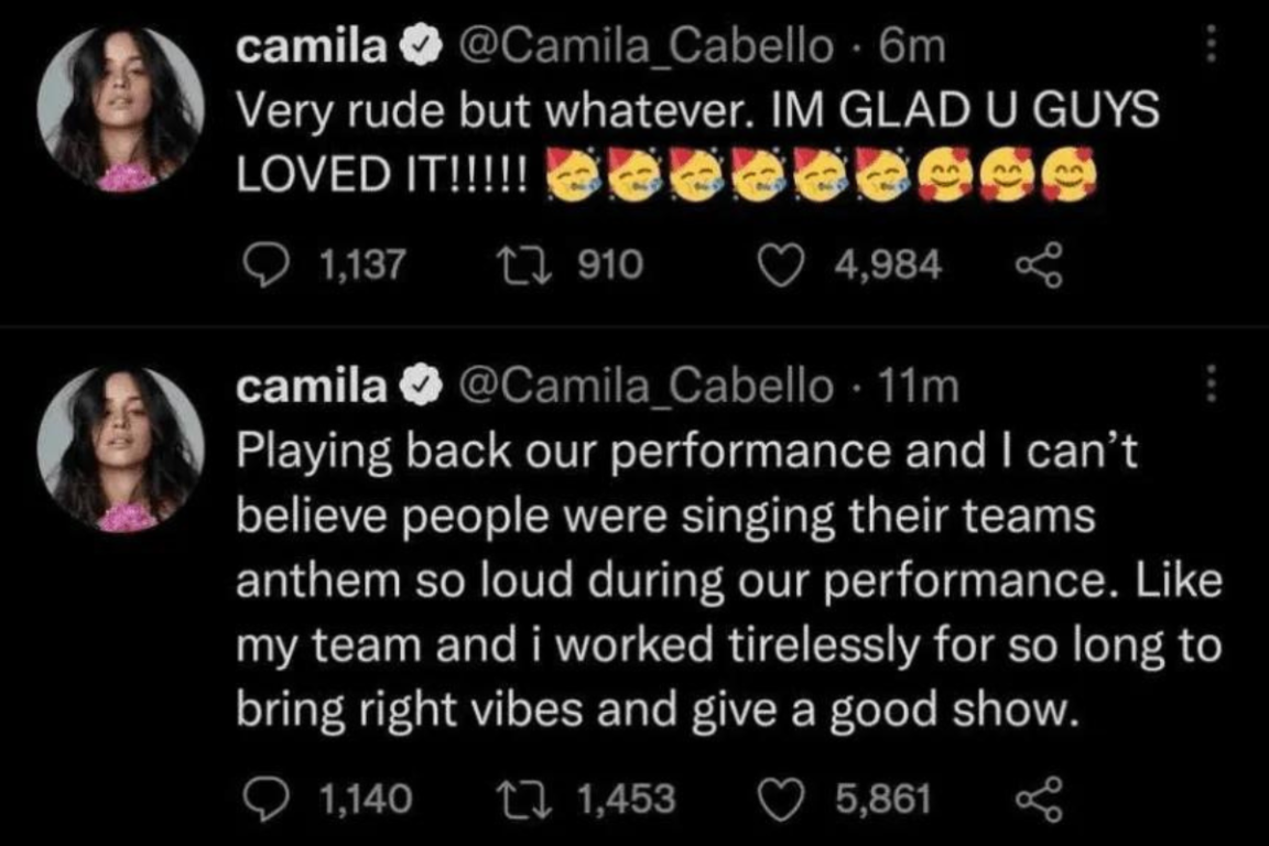 Camila Cabello tuiteó tras su show en la final de Champions League.