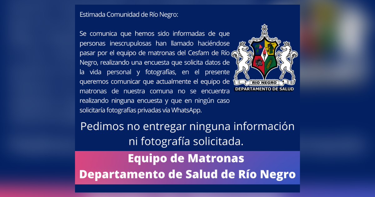 Denuncian que falso equipo de matronas pide datos personales y fotografías a mujeres en Río Negro