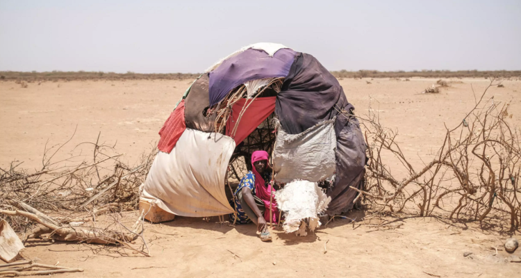 Una mujer sentada en una tienda en un campamento para desplazados en Adlale, en Etiopía.