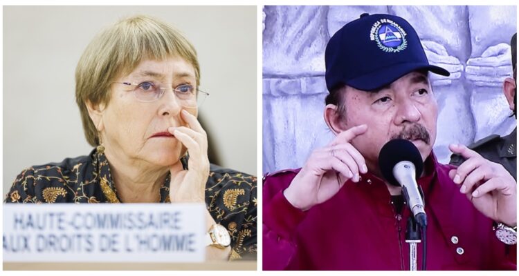 Una fotografía de Michelle Bachelet junto a otra de Daniel Ortega.