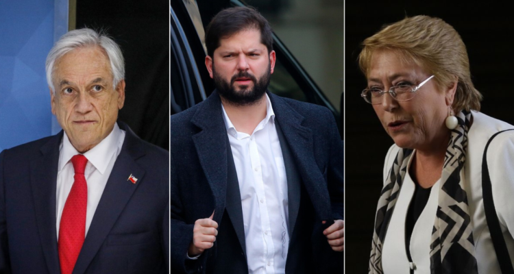 Imagen de los expresidentes Bachelet y Piñera, además del actual Gabriel Boric.