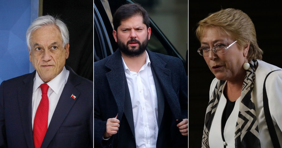Imagen de los expresidentes Bachelet y Piñera, además del actual Gabriel Boric.