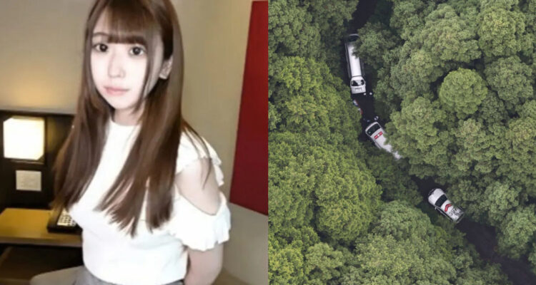 La actriz Rina Arano posando seria a la cámara. A su lado, una foto del bosque en el que fue hallada.