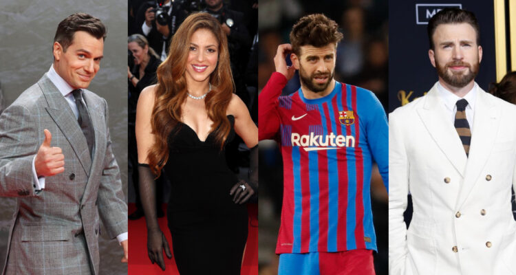 Shakira posa sonriente en la alfombra roja de Cannes. A su lado se ven fotografías de los actores Henry Cavill, Chris Evans y Gerard Piqué.