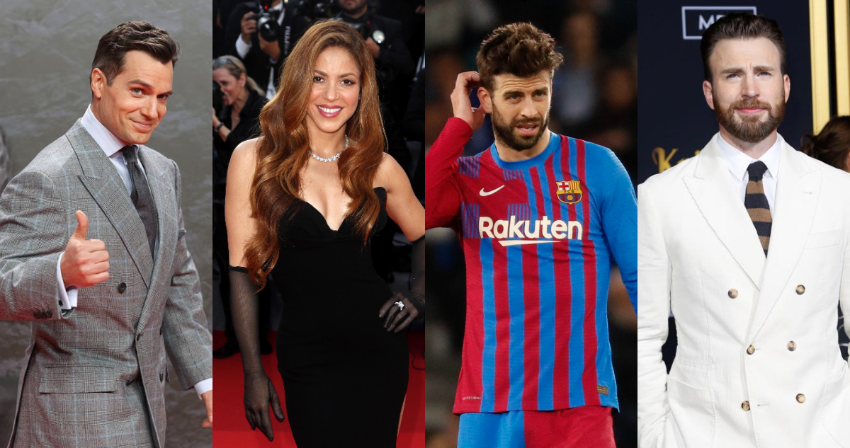 Shakira posa sonriente en la alfombra roja de Cannes. A su lado se ven fotografías de los actores Henry Cavill, Chris Evans y Gerard Piqué.
