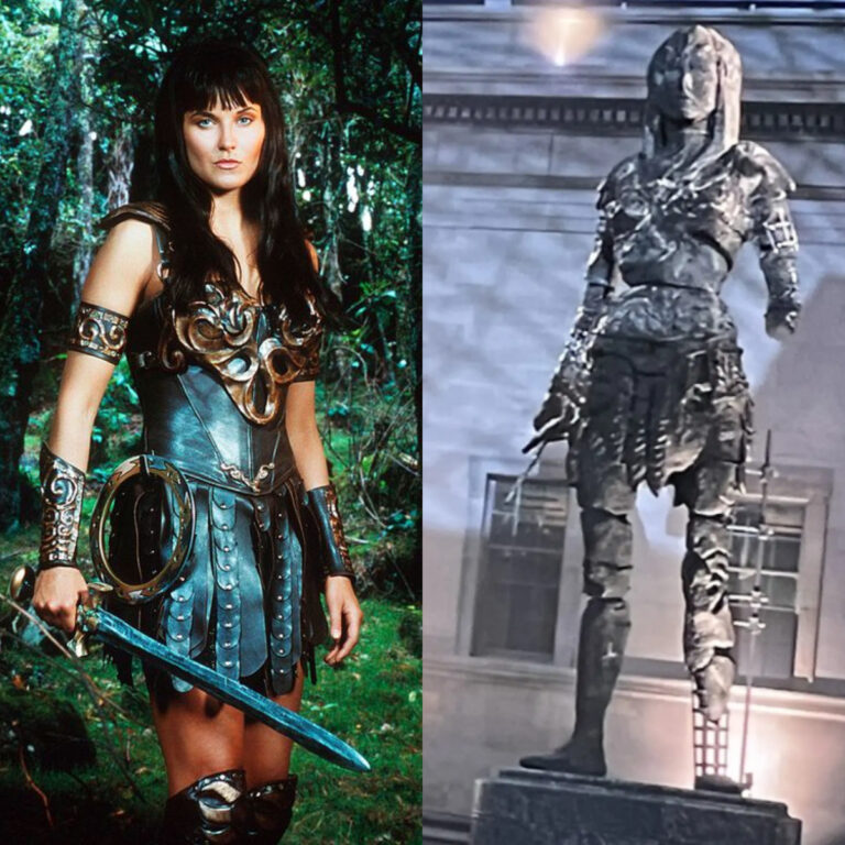 Xena la princesa guerrera a la izquierda y estatua de ella a la derecha