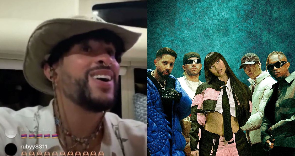 Bad Bunny cantando la canción Ultra Solo en su live de Instagram. A su lado, una foto de los artistas a cargo del remix.