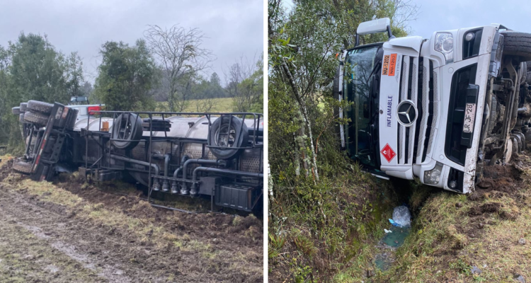 Camión cargado con combustible vuelca en ruta Panguipulli y Los Lagos: hay derrame de gasolina
