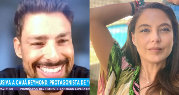 Cauã Reymond rie en medio de la entrevista que le hizo el matinal Tu Día, a su lado, una foto de Ángeles Araya posando.