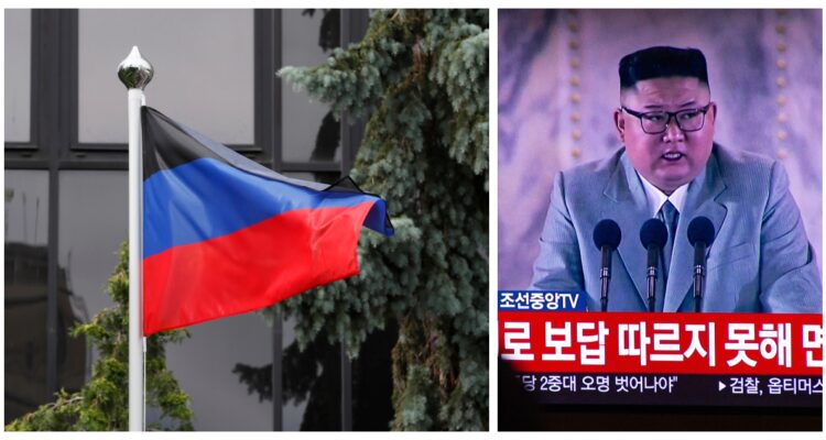 Imagen compuesta, la bandera de Donets y el líder norcoreano Kim Jong-Un