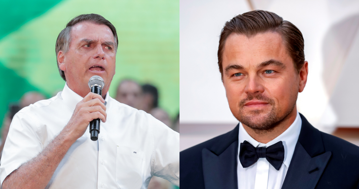 El Presidente de Brasil Jair Bolsonaro aparece serio dando un discurso. A su lado, una foto de Leonardo DiCaprio en la alfombra roja de los premios Óscar.