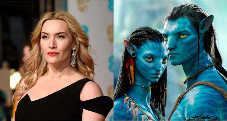 Kate Winslet posa con una leve sonrisa mientras se ve vestida de gala. A su lado, una foto de los protagonistas de Avatar.