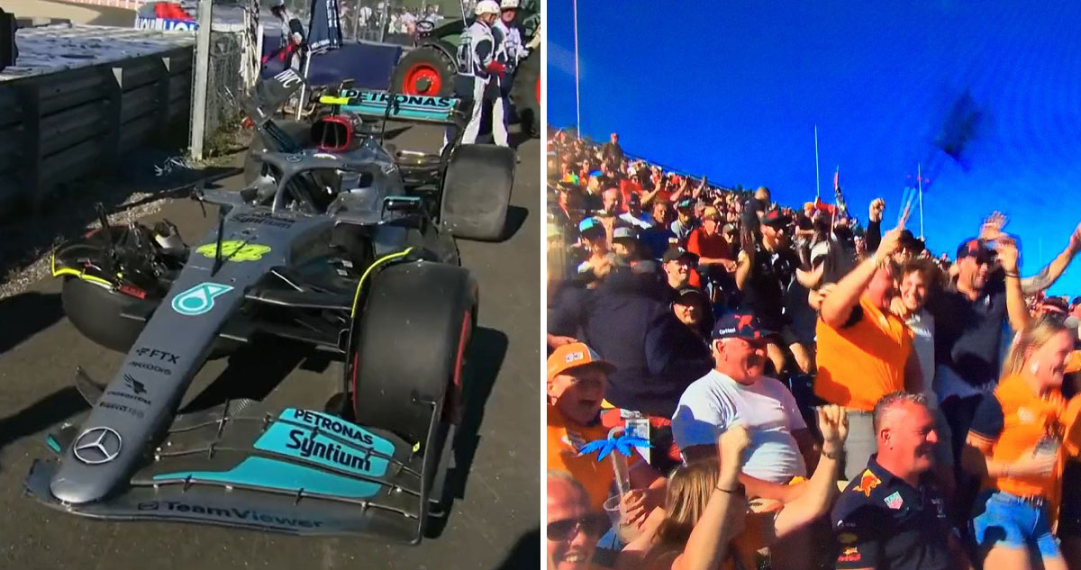 Lewis Hamilton chocó su Mercedes y desató festejos de los fanáticos de Red Bull.